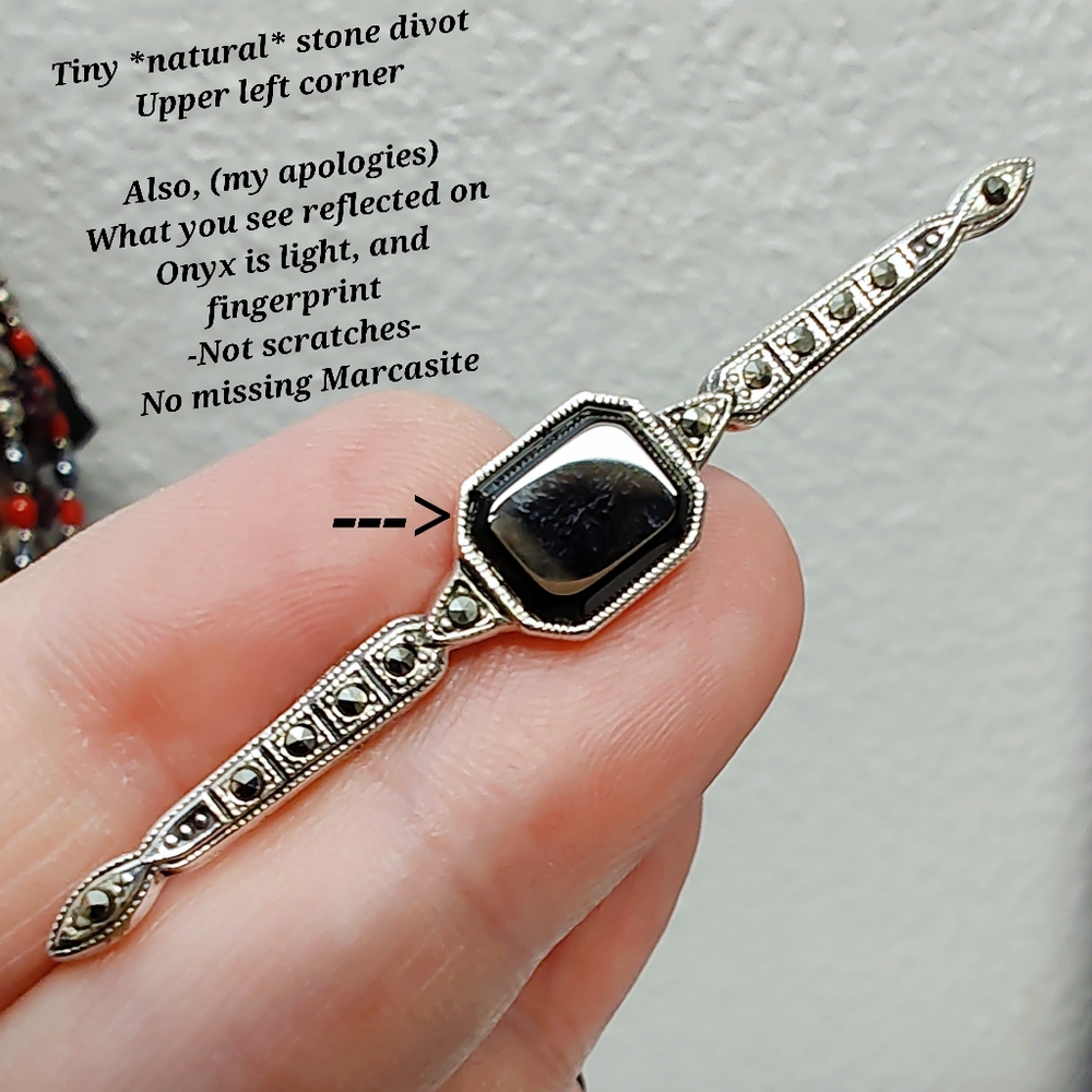 Antique Sterling Silver Black Onyx Marcasite Bar Brooch Pin - Picture 4 of 10